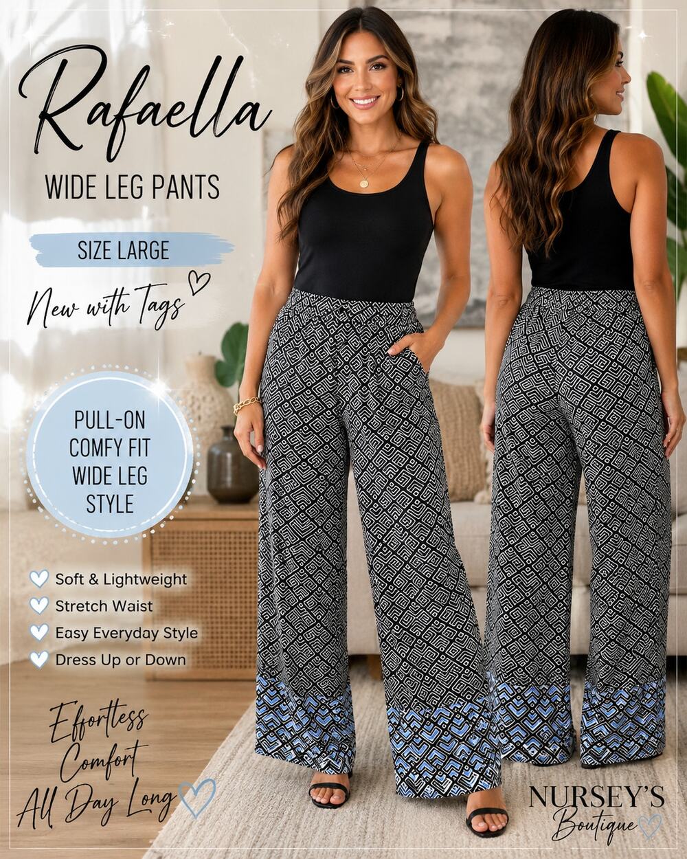 Rafaella NWT Large Geometric Pull-On Wide Leg Palazzo Pants Black Blue